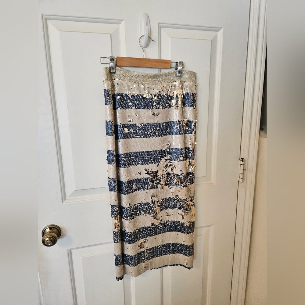 Anthropologie Essentiel Antwerp Blue silver midi pencil skirt Size 2